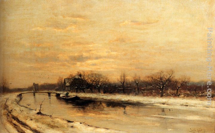 Louis Apol Winter An Orchard Alongside A Canal With A Farmhouse In The Distance At Dusk